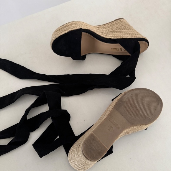 Black Espadrilles Ankle ribbon Tie Lace Up Platform Wedges sz 7 high heel shoes - Picture 13 of 13